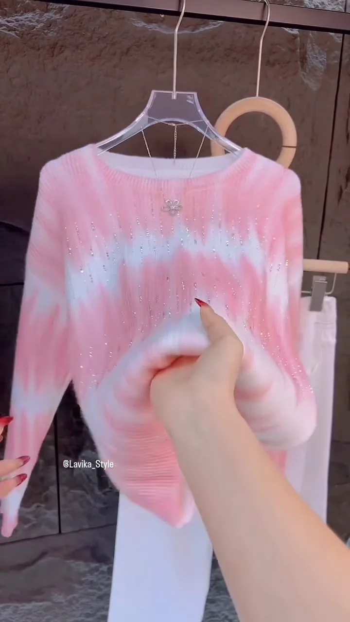 Pink & White Gradient Embellished Sweater â€“ Soft Knit Casualwear for Women